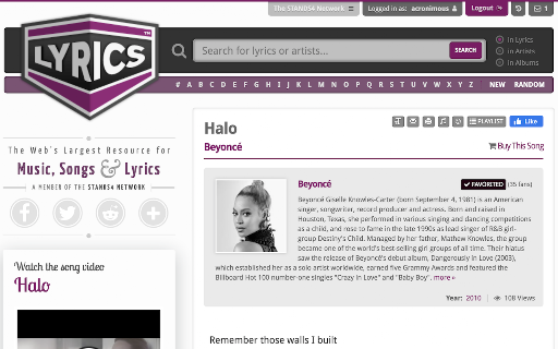 Lyrics.com screenshot