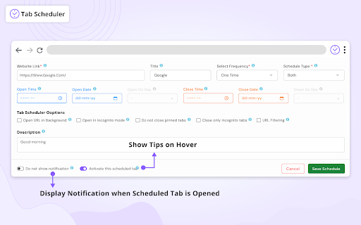 Tab Scheduler with auto open and close screenshot