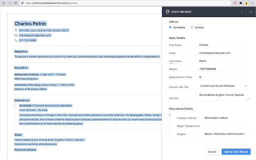 Zoho Recruit's Resume Extractor screenshot