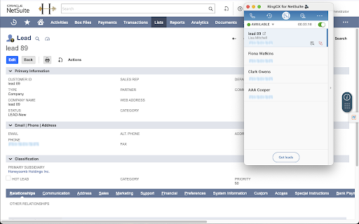 RingCentral RingCX for NetSuite screenshot