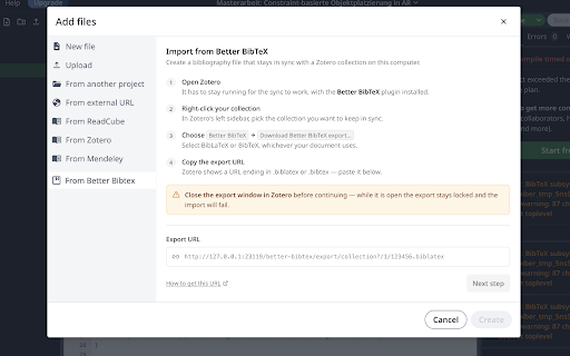 Zotero Better-BibTex to Overleaf screenshot