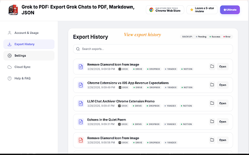 Grok to PDF: Export Grok Chats to PDF, Markdown, JSON screenshot