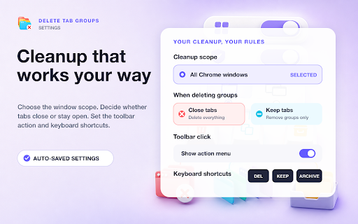Delete Tab Groups: Tab Manager, Close Tabs & One Click Browser Cleanup Tool screenshot