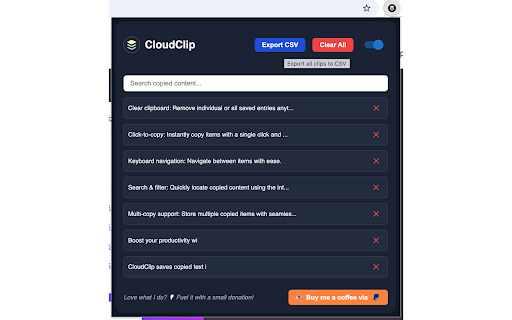 CloudClip – Multicopy Clipboard History Manager with Dark Mode & CSV Export screenshot