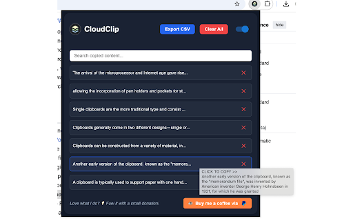 CloudClip – Multicopy Clipboard History Manager with Dark Mode & CSV Export screenshot
