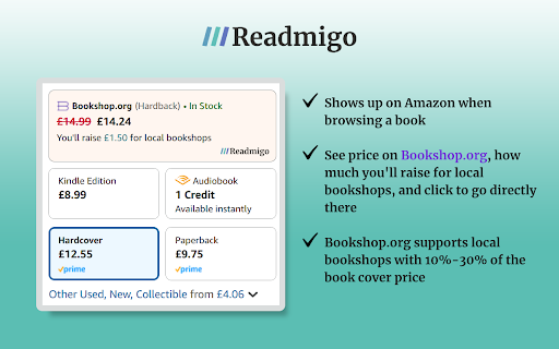Readmigo: See Bookshop.org prices on Amazon screenshot