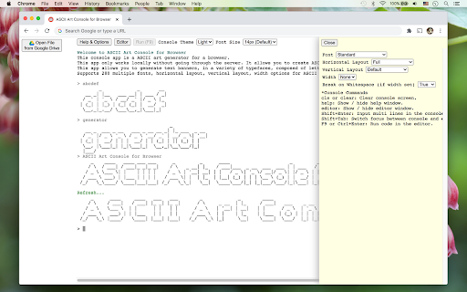 ASCII Art Console for Browser screenshot
