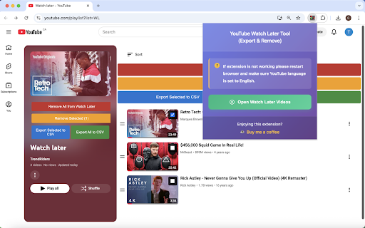 YouTube Watch Later Tool (Export & Remove) screenshot