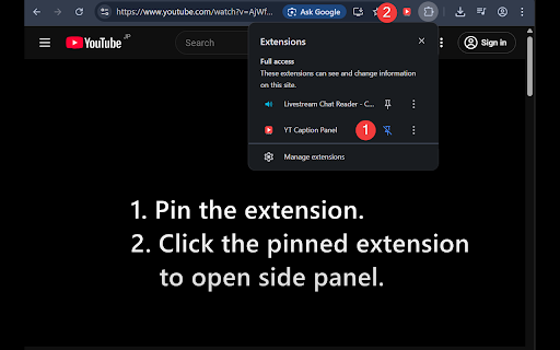 YT Caption Panel screenshot