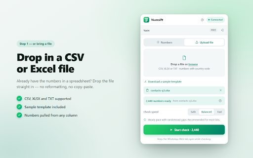 Numsift — Bulk WhatsApp Number Checker & Validator | Export to Excel screenshot