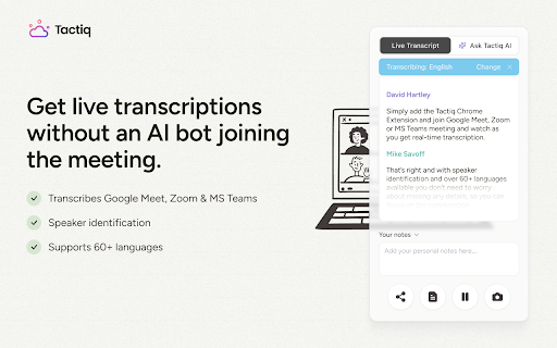 Tactiq: AI note taker for Google Meet, Zoom and MS Teams screenshot