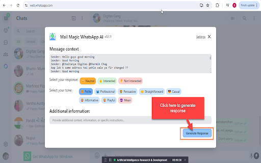 ChatGPT AI for WhatsApp messages by MailMagic screenshot