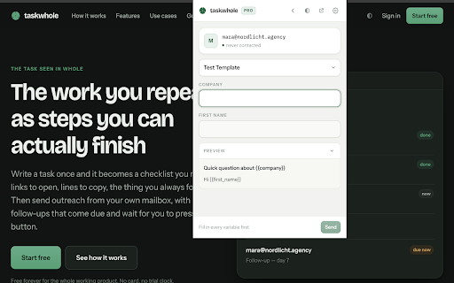 TaskWhole — Cold Email Follow-ups from Any Page screenshot