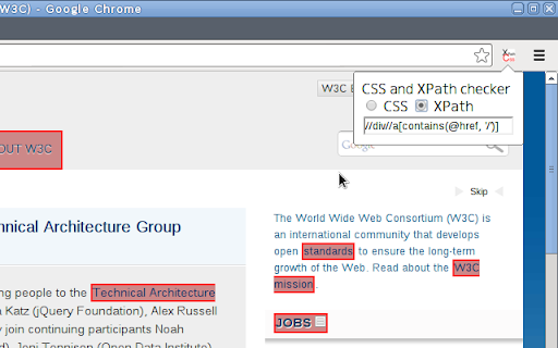 CSS and XPath checker screenshot