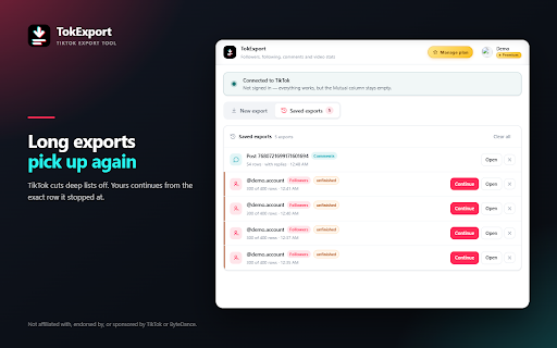 TokExport - TikTok Follower List, Following & Comment Export Tool screenshot