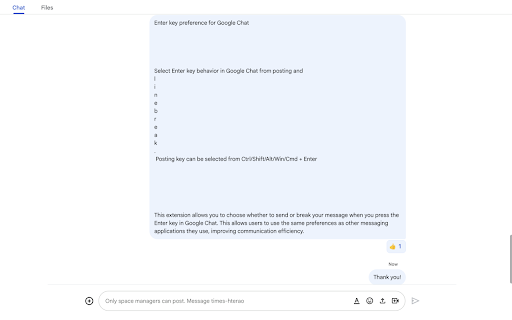 Enter key preference for Google Chat screenshot