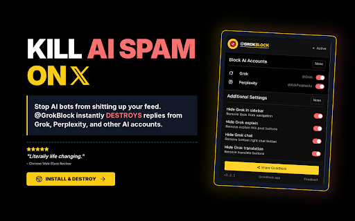 @GrokBlock – KILL AI Spam on X/Twitter screenshot