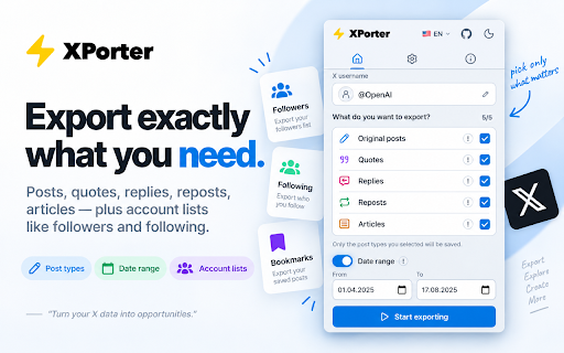 XPorter — Free X/Twitter Export: Posts, Followers · CSV/JSON/XLSX screenshot