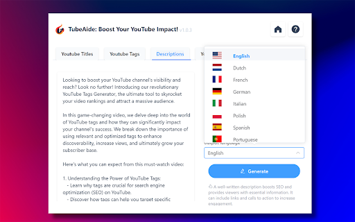 Free AI Youtube Video Tags Generator TubeAide screenshot