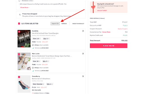 Myntra Export Cart To CSV screenshot