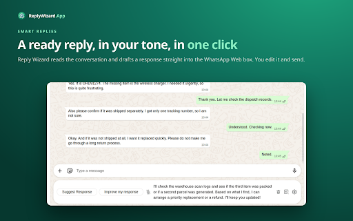 Reply Wizard for WhatsApp: AI Replies, Voice to Text & Summaries screenshot