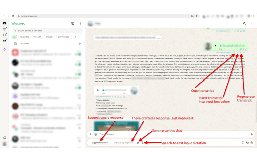 Reply Wizard: AI Replies, Voice to Text & Summaries for WhatsApp Web screenshot