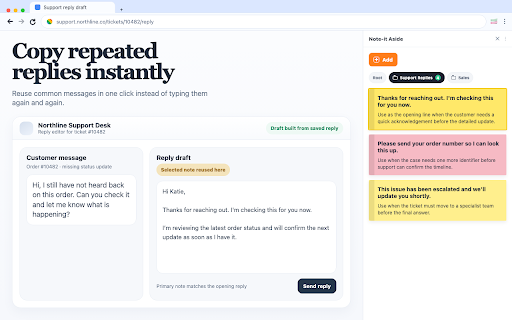 Sticky Snippets · Note-it Aside · Customer Service, Sales & IT Support screenshot