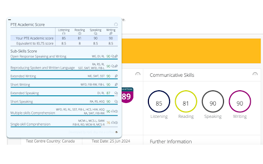 PTE Sub-Scores Breakdown screenshot