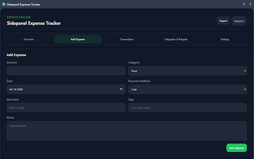 Sidepanel Expense Tracker screenshot