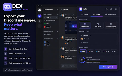 DEX: Export Discord messages, channels & attachments screenshot