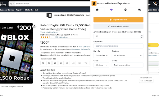 Amazon reviews downloader screenshot