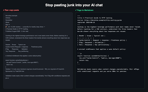 Page to Markdown for LLMs — Copy Clean Web Content screenshot