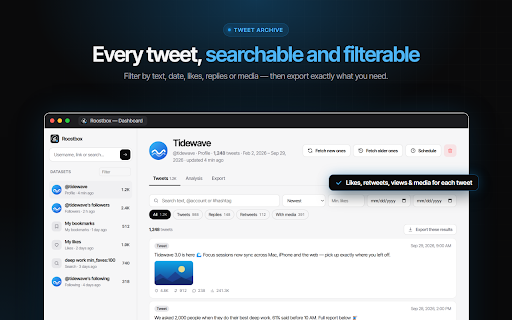Roostbox - Twitter/X Exporter: Tweets, Followers, Bookmarks & Archive screenshot