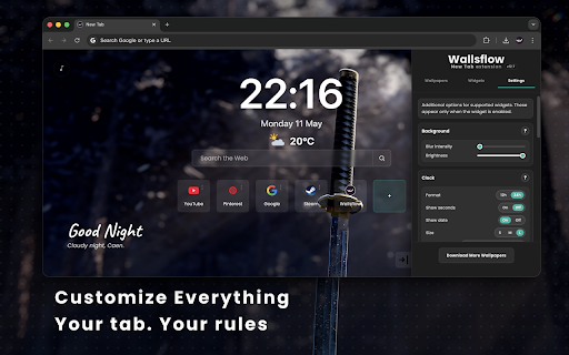 Wallsflow New Tab: Live Wallpapers, Widgets & Focus Music screenshot