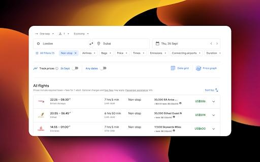 Award Travel Finder - Points & Miles on Google Flights screenshot