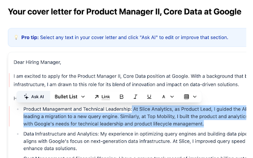 Tech Cover Letter Generator screenshot