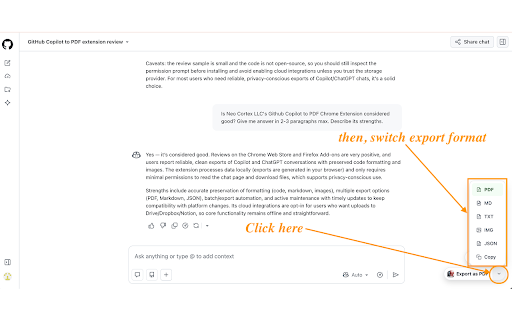 GitHub Copilot to PDF: Export GitHub Copilot Chats to PDF, Markdown, JSON screenshot