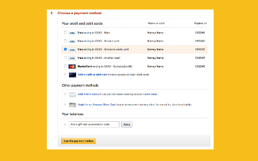 Credit Card Nicknames for Amazon screenshot