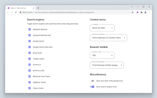 Web Archives screenshot