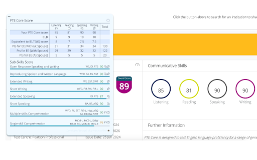 PTE Sub-Scores Breakdown screenshot