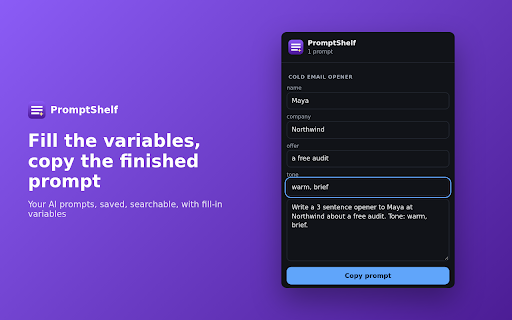 PromptShelf: AI Prompt Library with Variables screenshot