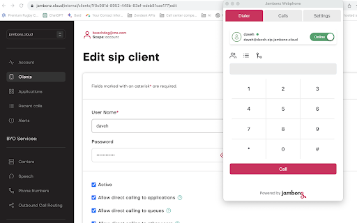 jambonz webrtc phone screenshot