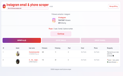 Instagram email & phone scraper screenshot