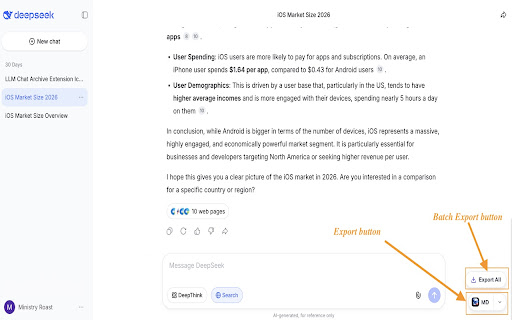DeepSeek to PDF: Export DeepSeek Chats to PDF, Markdown, JSON screenshot