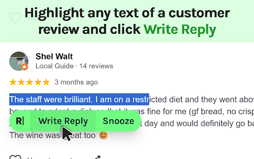 Replylight - Reply to reviews just by highlighting them (AI) screenshot