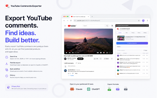 Youtube Comments Exporter: Bulk Export to CSV, XLSX & TXT screenshot