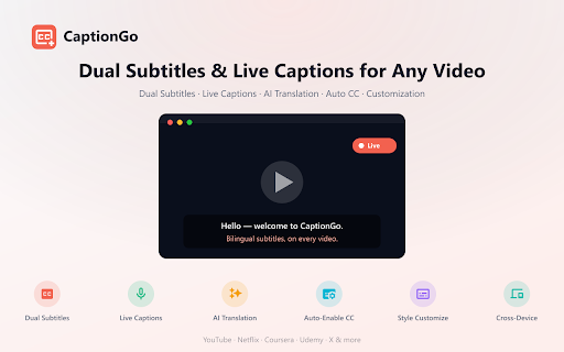 CaptionGo – Bilingual Subtitles & AI Live Captions for Any Video screenshot