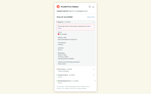 Reddit Pixel Helper screenshot