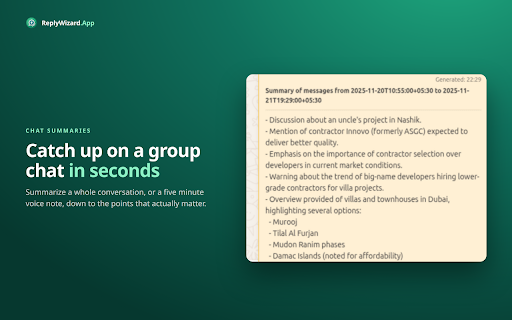 Reply Wizard for WhatsApp: AI Replies, Voice to Text & Summaries screenshot